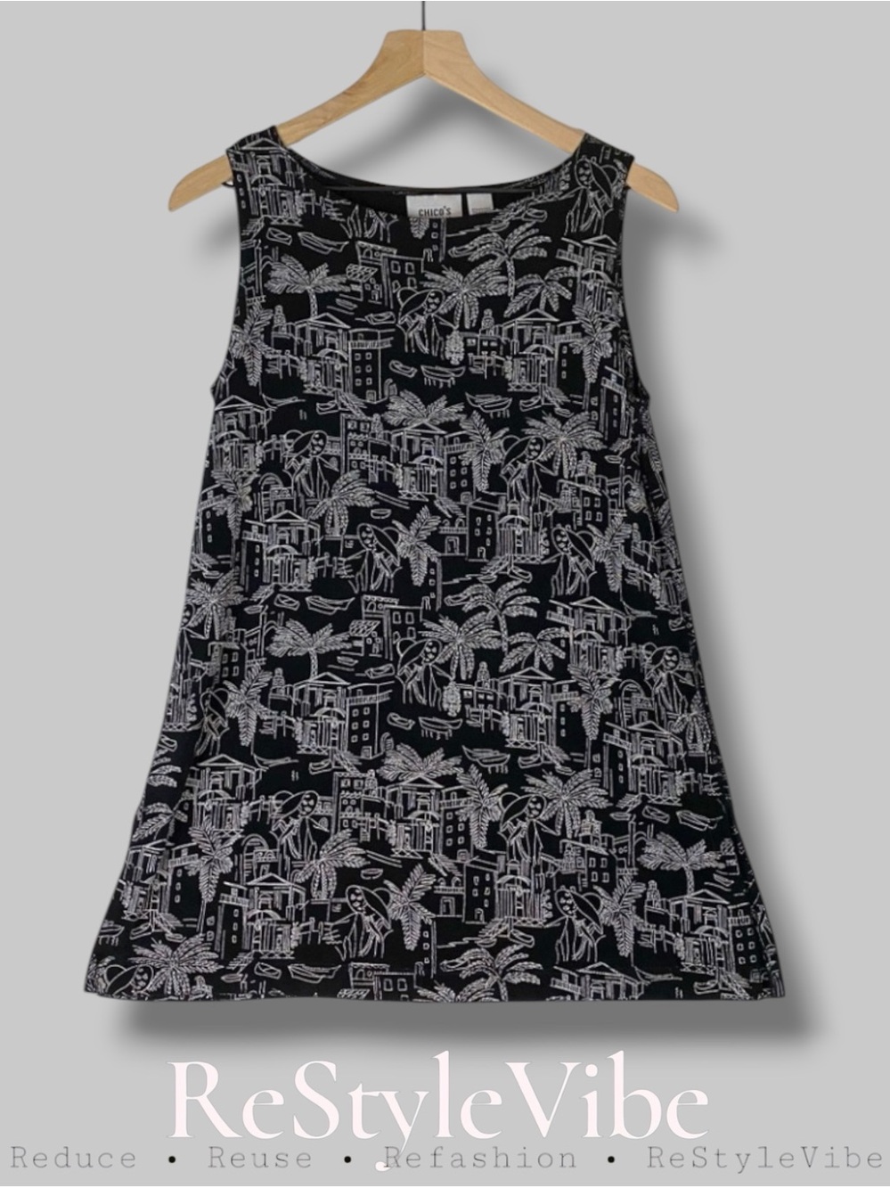 CHICO’S Women’s Size 1 (S) Top Tank Travelers Stretch Tropical Sleeveless Tunic